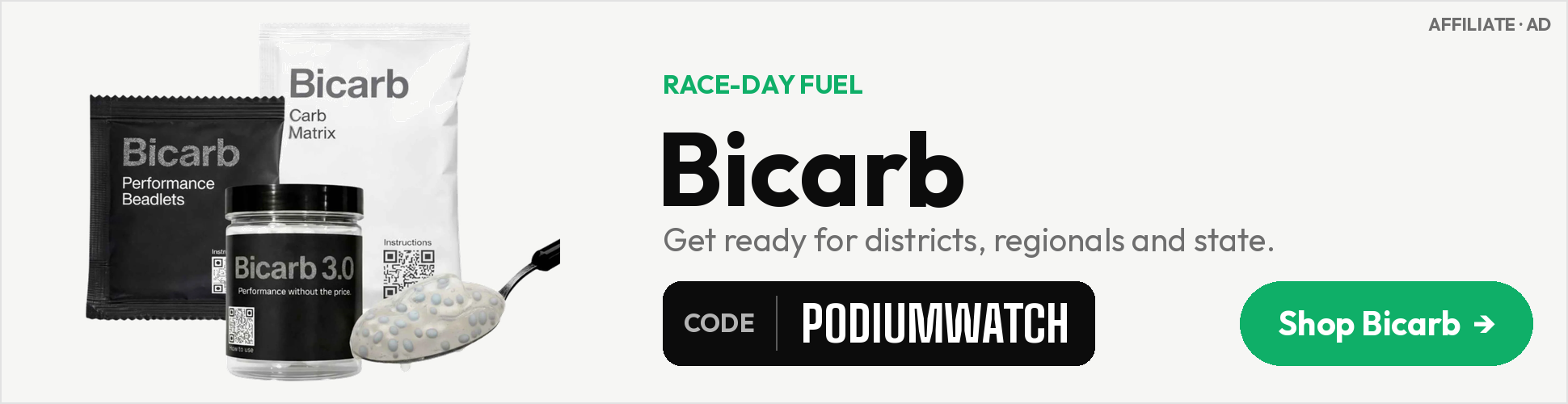 Bicarb race-day fuel. Use code PODIUMWATCH. Affiliate ad.
