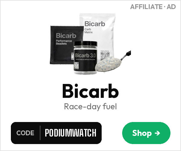 Bicarb race-day fuel. Use code PODIUMWATCH. Affiliate ad.